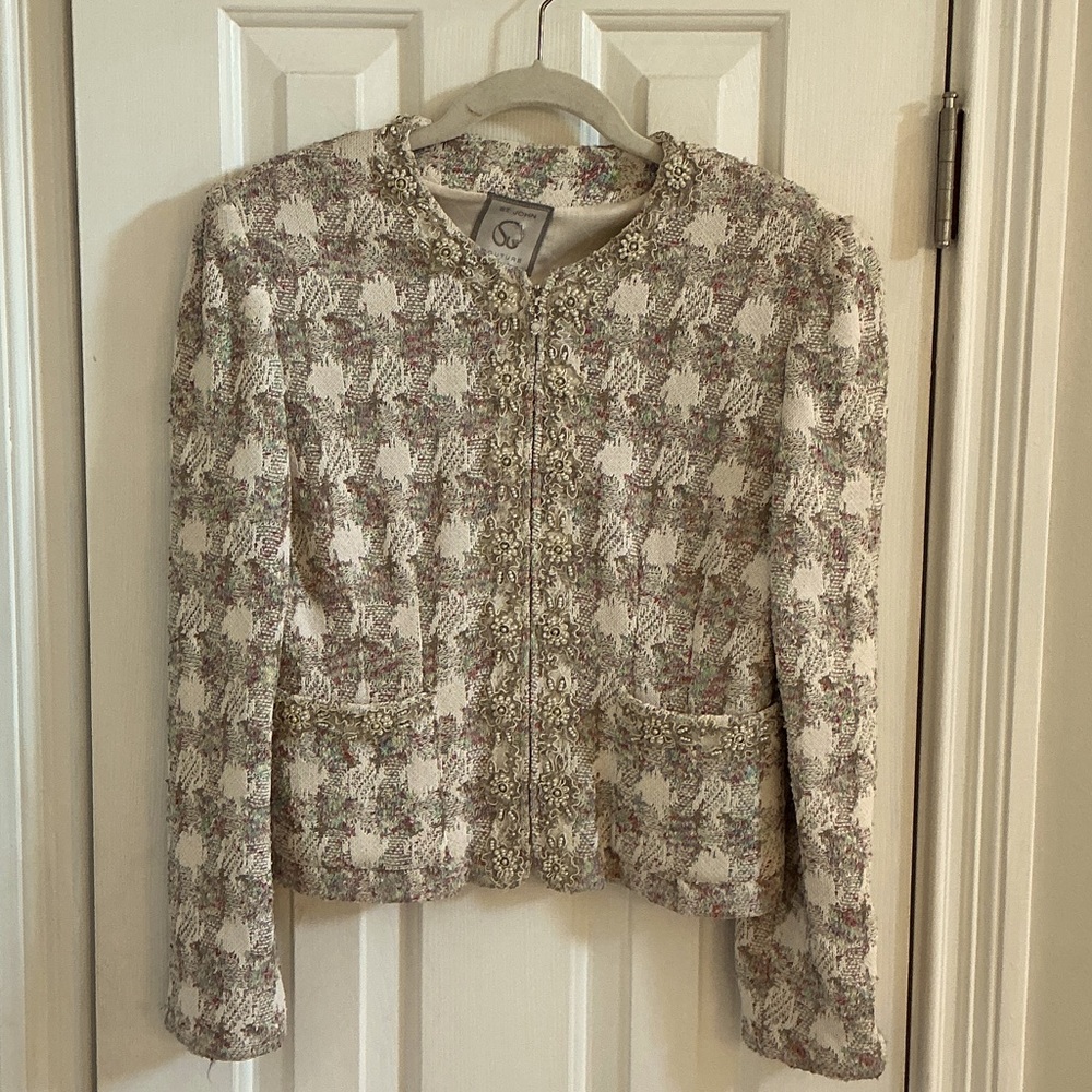 St. John Couture Ivory Multicolor Jacket w/ Pearls & Zip Front
